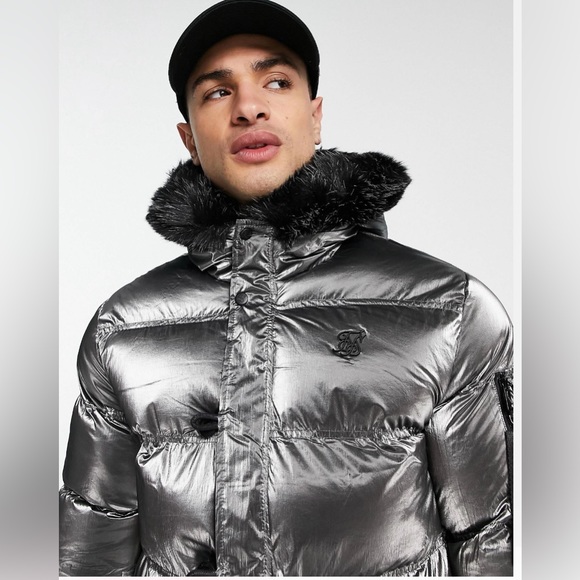 NWT- SIK SILK MENS XL PADDED PARKA w FUR HOOD in METALLIC SILVER & BLACK TRIM - Picture 2 of 16